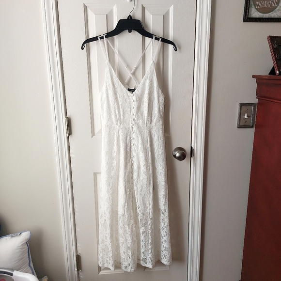 Three Pink Hearts - White Sleeveless Spaghetti-Strap Lace Button-Up Midi Dress - Picture 1 of 10